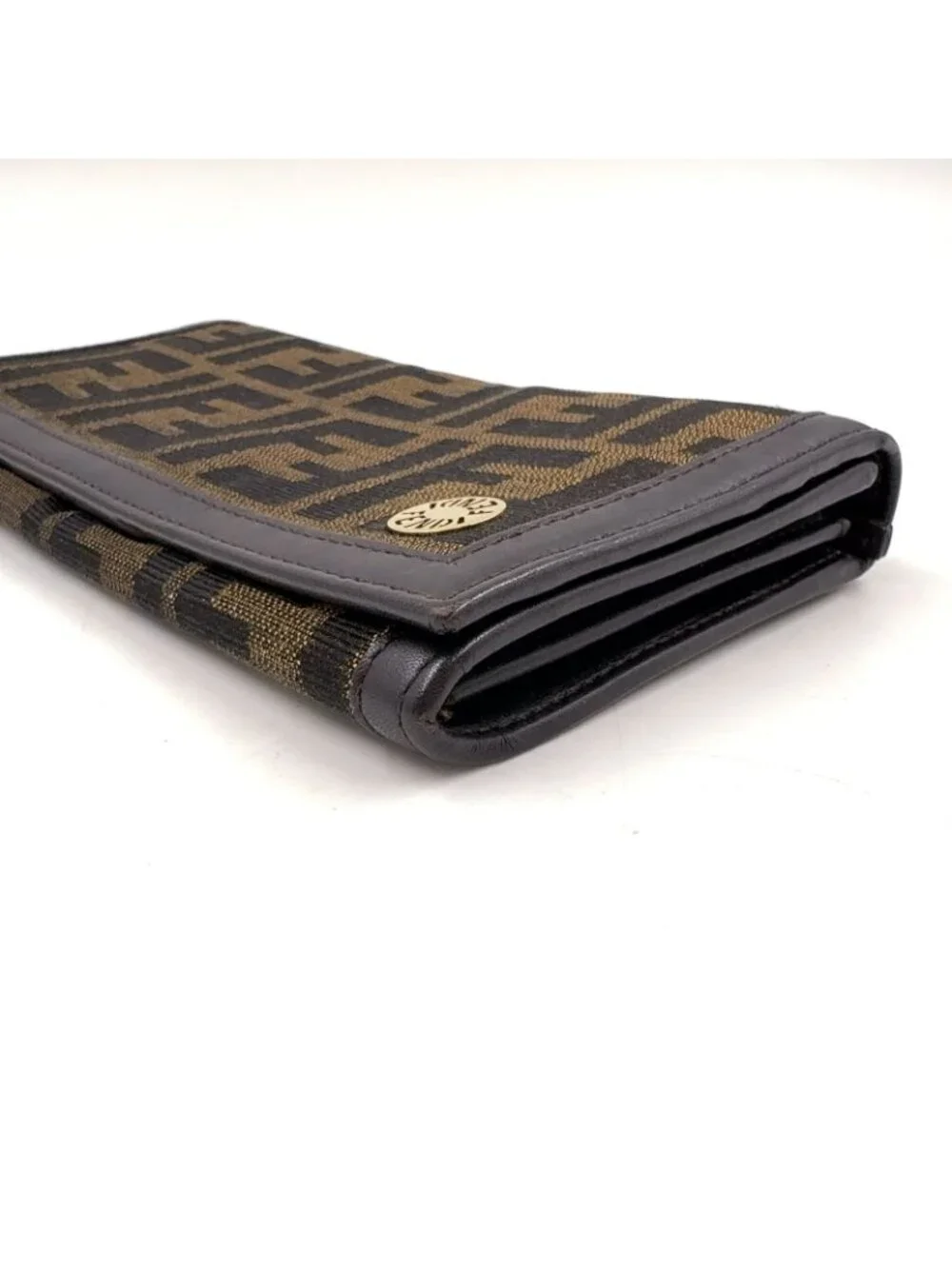 Fendi Zucca Pattern Leather Canvas Brown Black Bifold Wallet Gold